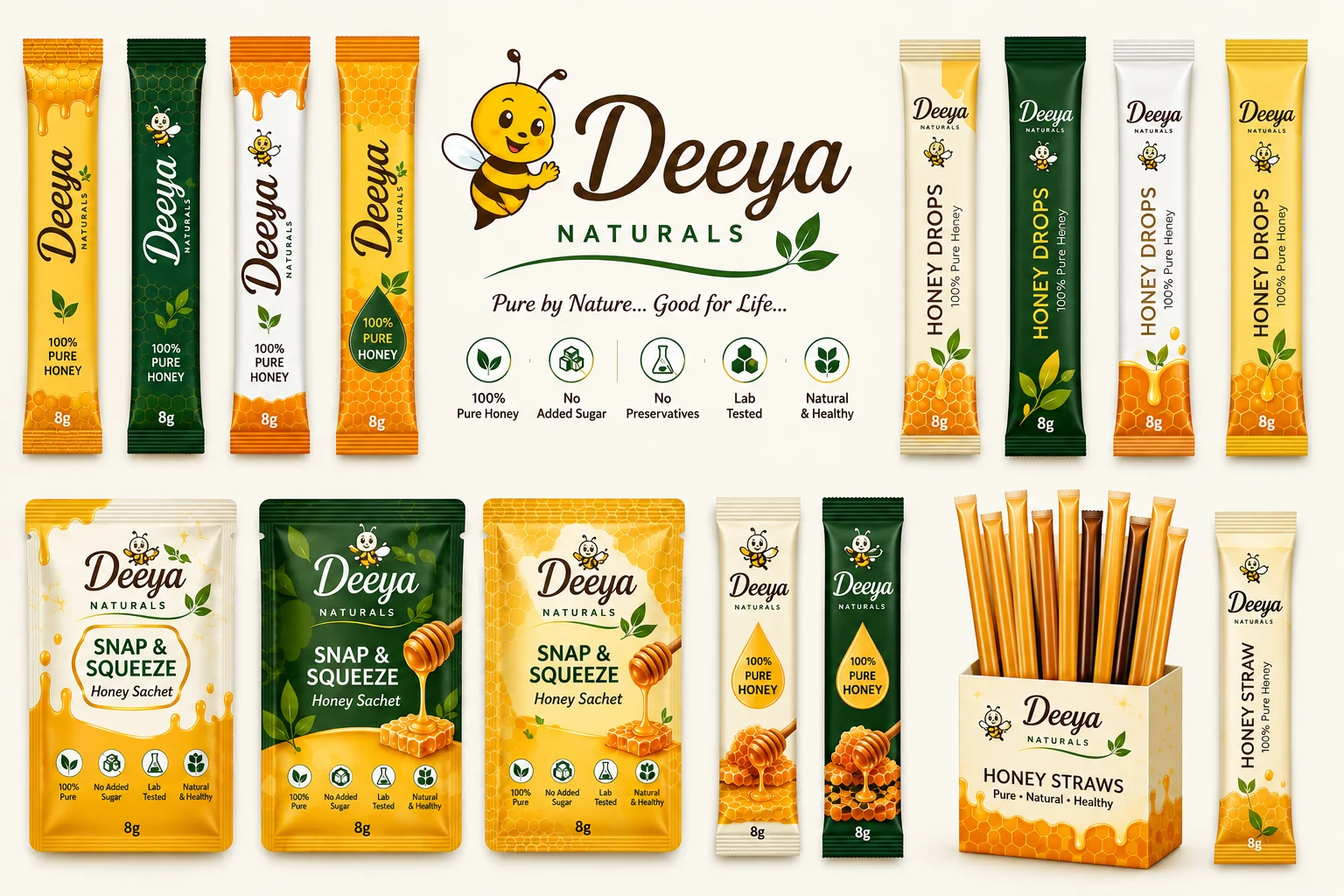 Deeya Naturals honey sachet range — 8g pure honey pen sachets in multiple colourways