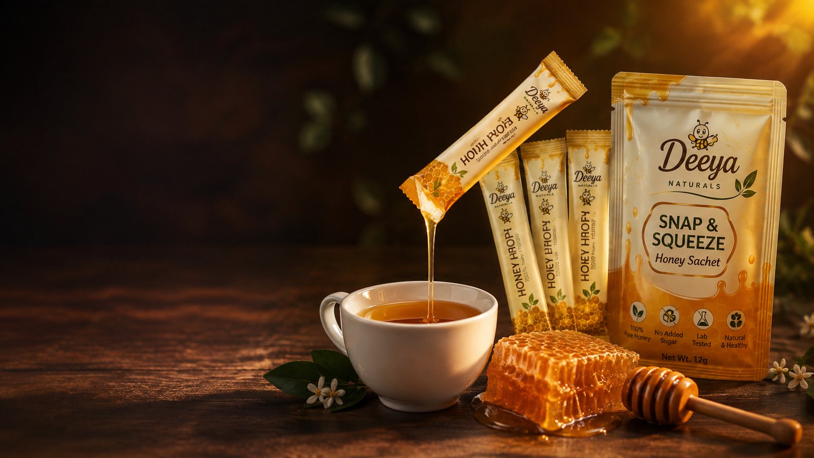Deeya Naturals honey stick sachets and a Snap & Squeeze pouch beside a cup of tea, with pure honey pouring in