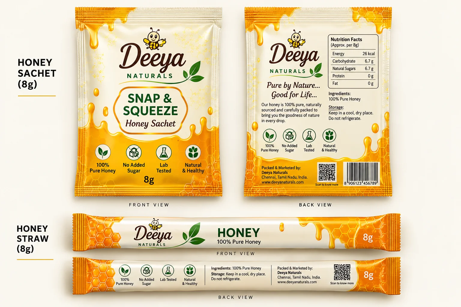 Deeya Naturals Honey Straw 8g — front and back packaging with nutrition facts